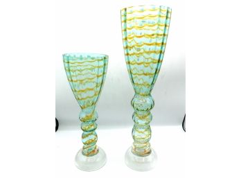 Elegant Murano Inspired Green Glass Vases With Orange Ringed Pattern - Pair Of 2