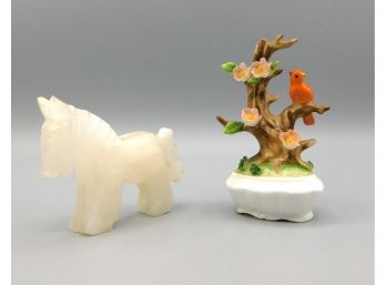 White Stone Horse And Enesco Ceramic Birds On Tree Figurines