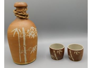 1960's Stoneware Set With Bamboo Design- Pitcher With Pair Of 2 Cups