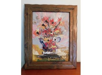 Maurice Katz - 1981 - Signed Oil Painting Of Flowers In Vase In Decorative Braided Rope Lined Frame