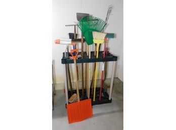 Lot Of Assorted Rakes, Shovels, And Brooms