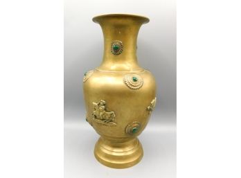 Antique Brass Urn With Jade Stone Inlay