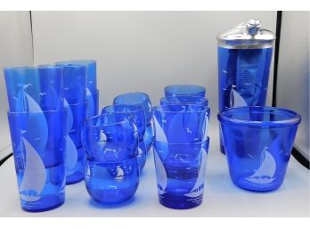 Cobalt Blue Depression Glass Drinkware Set With Sailboat Design