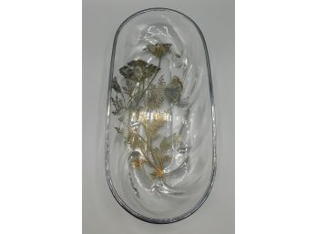Lovely Circa 1950 Vintage Glass Tray With A Floral Silver Overlay Decoration