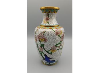 Small Vintage Chinese Cloisonne Style Vase With White & Pink Flower Design