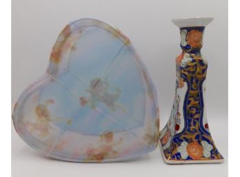 Cherub Angel Mesh Heart Shaped Box & Asian Decorative Art Candlestick Holder