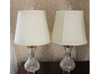 Elegant  Waterford Crystal Signed Table Lamps With White Shades Pair