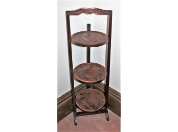 Antique Mahogany Folding 3 Tier Pie Stand Cooling Rack - Carved Bird Design