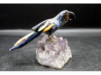 Stunning Hand Carved Parrot Perched On Amethyst