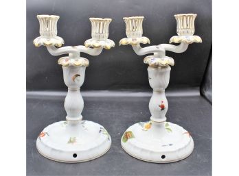 Rare Herend Hand Painted Fruit Pattern 2 Piece Double Headed Candlestick Holder - Set Of 2