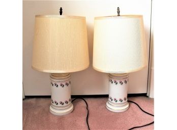 Vintage Pair Of Rose Decorated Porcelain Table Lamps W/ Shades