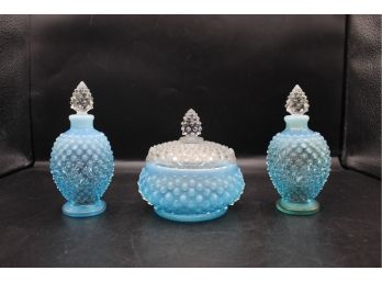Fenton Blue Opalescent Hobnail Vanity Set