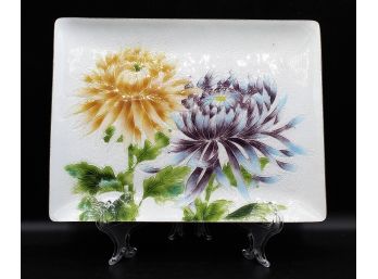 Vintage Hand Painted Floral Oriental Ceramic / Metal Serving Tray