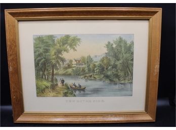 Currier And Ives The River Side Colored Lithograph Print, Wood Framed Summertime Country River Scene