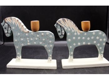 Stunning Pair Of Hand Made / Painted Wooden Horse Candlestick Holders