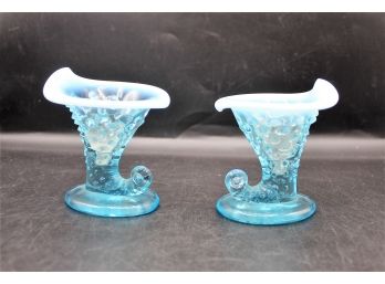 Fenton Art Glass Blue Opalescent Hobnail Miniature Cornucopia Vase- Pair