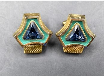 Handsome Vintage Anson Faux Blue Topaz Gold Tone Cuff Links With Original Box
