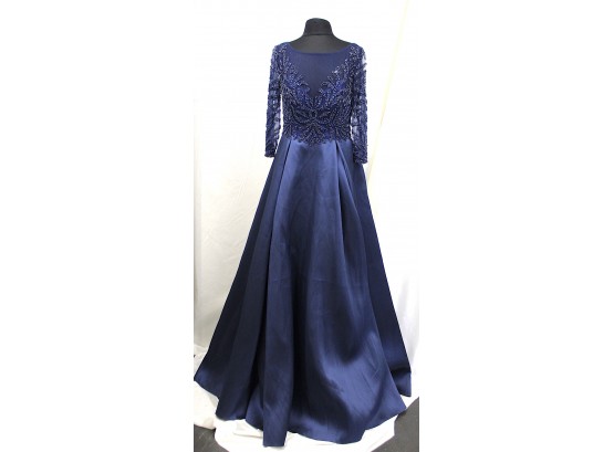 Jovani Navy Blue Lace & Satin Gown
