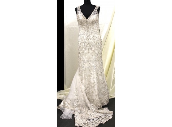 Madison James Wedding Gown Features Scalloped Beaded Lace & Gauzy Train Of English Net