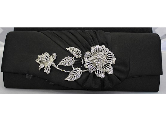 Black Evening Clutch With Floral Silhouette Rhinestones