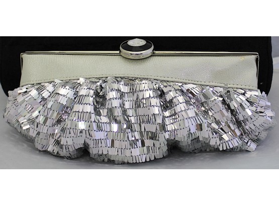 Silver Sequined Evening Clutch With Snap Closure