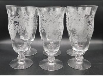 Vintage Crystal Engraved Floral & Bird Glasses - Set Of Six