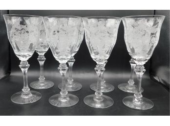 Vintage Crystal Engraved Floral & Bird Glasses - Set Of Eight