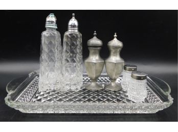 Cut Glass Tray With Three Pairs Of Salt & Pepper Shakers