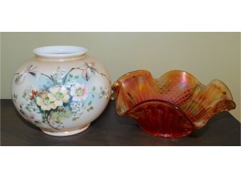 Ceramic Hand Painted Vase & Amber Blown Glass Candy Dish