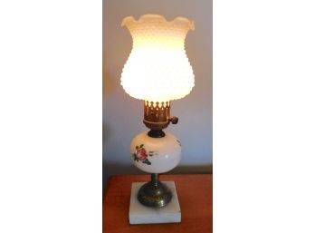 Attractive Milk Glass Hobnail Floral Oil Lamp Style Table Lamp