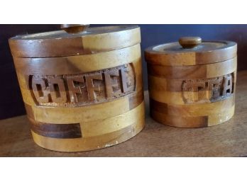 Coffee & Tea Carved Wooden Storage Canisters - Set Of Two