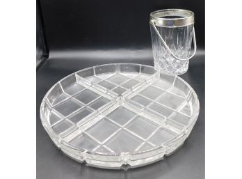 Sectioned Glass Serving Platter & Cut Glass Small Ice Bucket