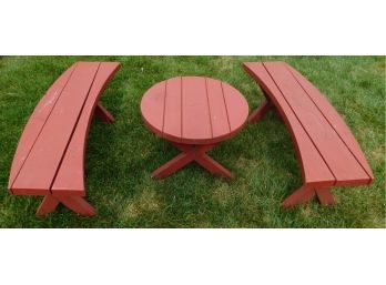 Red Painted Wooden Outdoor Benches & Table