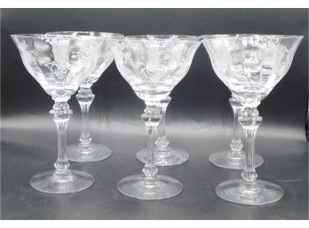 Vintage Crystal Engraved Floral & Bird Glasses - Set Of Six