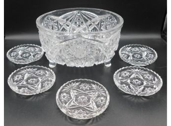Cut Glass Footed Punch Bowl With Five Coasters