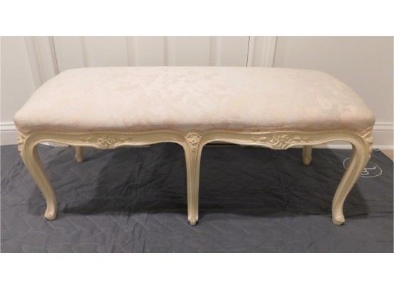 Vintage Hand Carved French Stool Bench With Pink Upholstered Cushion