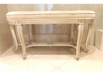 Hand Carved White Wooden Bench With Attached Seat Cushion