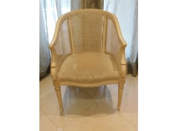 Petite White Hand Carved French Bergere Chair With Seat Cushion