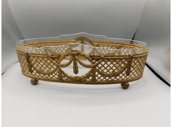 Vintage Gold Tone Vanity Tray With Decorative Rope Accent Design