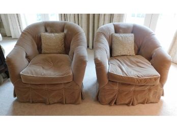 Comfortable Beige Velvet Tufted Armchairs With Swivel Base - Pair Of 2