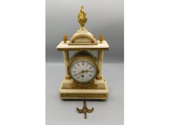 Antique Alabaster And Gilded Gold Mantle Clock - With Tuning Key