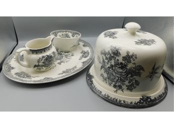 Lovely Burleigh Ceramic Dessert Set - Cake Dish With Lid, Creamer And Sugar Bowl, And Matching Platter