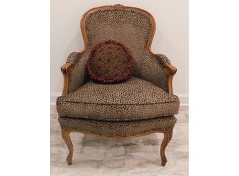 French Louis XV Inspired Bergere Chair With Hand Carved Wood Frame And Leopard Upholstery