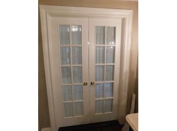 French Style Glass Paneled Top Latching Wooden Doors With Curtains And Baldwin Brass Fittings - Pair Of 2