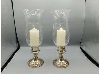 Frank M Whiting & Co - Weighed Silver Candlestick Holders With Etched Floral Glass Shades