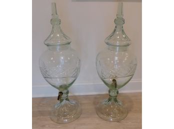 Large Cut Glass Apothecary Style Beverage Dispensers - Pair Of 2