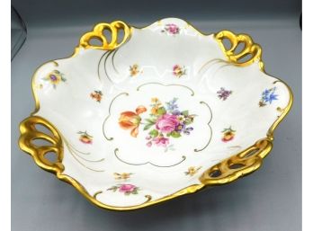 Elegant Jlmenau Von Henneberg Floral Porcelain Bowl With Gold Trim