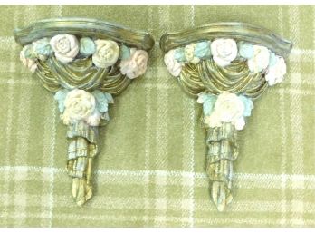 Gold Painted Wooden Wall Shelves With Rose Design- Pair Of 2