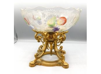 Rotating Glass Fruit Bowl Hand-painted Fruit Design And Gold Base