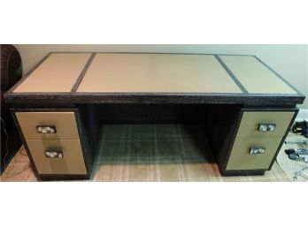 Stylish Tiger Wood Design Leather Desk With Mother Of Pearl Drawer Handles